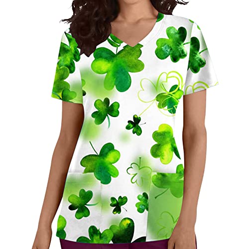 Womens Nursing Shirts Working Tees St Patricks Day Shirts Blouse Short Sleeve Tshirts Shamrock Tunic Tee Top with Pockets