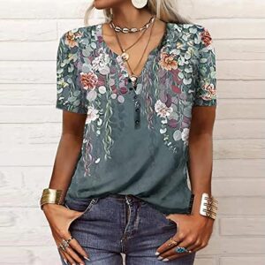 YUTANRAL Summer Tops for Women Vintage Elegant Floral Graphic Short Sleeve Button Down V Neck Y2K Tops Tees 2023 Womens Clothing Trendy Dressy Casual Plus Size Y2k Tops Blouses (Navy,Large)