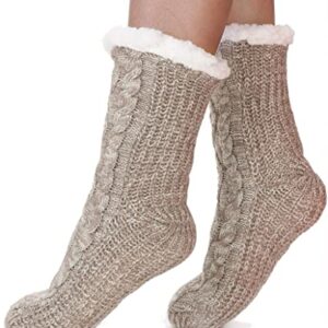 Fuzzy Slipper Socks for Women Fluffy Cozy Cabin Fleece Winter Warm Plush Home Thick Comfy Grips Non Slip Socks Christmas Gift Stocking Stuffer（Knit- Beige）