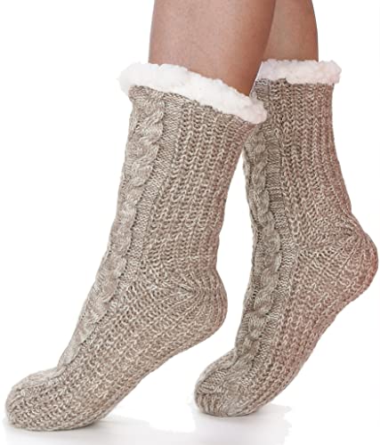 Fuzzy Slipper Socks for Women Fluffy Cozy Cabin Fleece Winter Warm Plush Home Thick Comfy Grips Non Slip Socks Christmas Gift Stocking Stuffer（Knit- Beige）