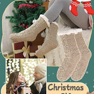 Fuzzy Slipper Socks for Women Fluffy Cozy Cabin Fleece Winter Warm Plush Home Thick Comfy Grips Non Slip Socks Christmas Gift Stocking Stuffer（Knit- Beige）