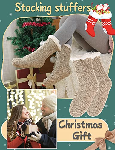 Fuzzy Slipper Socks for Women Fluffy Cozy Cabin Fleece Winter Warm Plush Home Thick Comfy Grips Non Slip Socks Christmas Gift Stocking Stuffer（Knit- Beige）