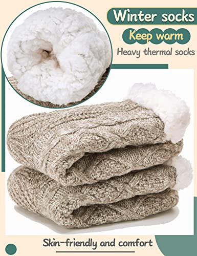 Fuzzy Slipper Socks for Women Fluffy Cozy Cabin Fleece Winter Warm Plush Home Thick Comfy Grips Non Slip Socks Christmas Gift Stocking Stuffer（Knit- Beige）