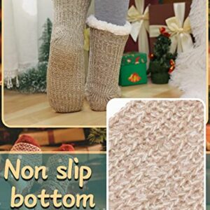 Fuzzy Slipper Socks for Women Fluffy Cozy Cabin Fleece Winter Warm Plush Home Thick Comfy Grips Non Slip Socks Christmas Gift Stocking Stuffer（Knit- Beige）