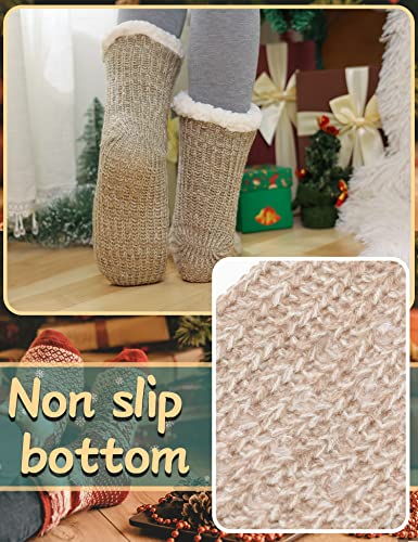 Fuzzy Slipper Socks for Women Fluffy Cozy Cabin Fleece Winter Warm Plush Home Thick Comfy Grips Non Slip Socks Christmas Gift Stocking Stuffer（Knit- Beige）