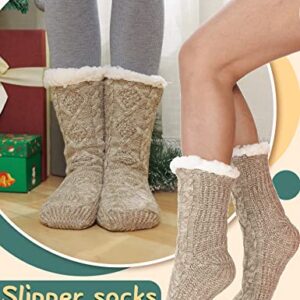 Fuzzy Slipper Socks for Women Fluffy Cozy Cabin Fleece Winter Warm Plush Home Thick Comfy Grips Non Slip Socks Christmas Gift Stocking Stuffer（Knit- Beige）