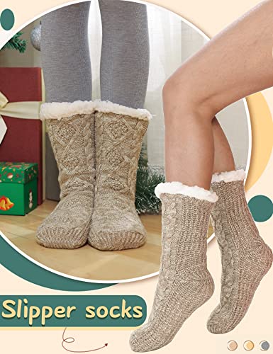 Fuzzy Slipper Socks for Women Fluffy Cozy Cabin Fleece Winter Warm Plush Home Thick Comfy Grips Non Slip Socks Christmas Gift Stocking Stuffer（Knit- Beige）