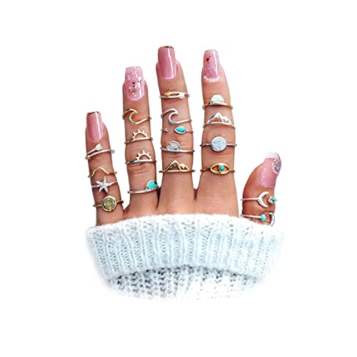 HUASAI 17PCS Stackable Rings for Teen Girls Boho Knuckle Rings for Women Stacking Midi Rings Set Vintage Aesthetic Rings Trendy Christmas Birthday Gifts for Girls(Ring D)