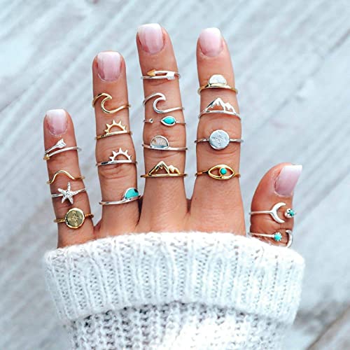 HUASAI 17PCS Stackable Rings for Teen Girls Boho Knuckle Rings for Women Stacking Midi Rings Set Vintage Aesthetic Rings Trendy Christmas Birthday Gifts for Girls(Ring D)