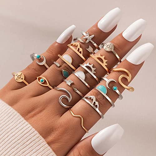 HUASAI 17PCS Stackable Rings for Teen Girls Boho Knuckle Rings for Women Stacking Midi Rings Set Vintage Aesthetic Rings Trendy Christmas Birthday Gifts for Girls(Ring D)