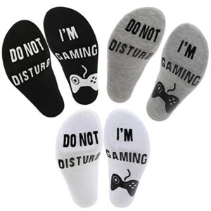 YHZFS 3 Pairs Do Not Disturb I'm Gaming Socks Mens Funny Dress Sock for Gamer Teen Young Boy Novelty Christmas Gifts (3 Pack - Black/White/Gray, Long Mid Calf - Dress Socks)