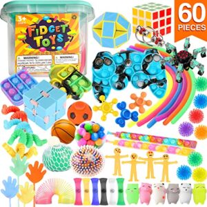 fidget sensory toy pack with stress balls for kids, teens and adults, 60 pack figit toys for therapy office decor and calm corner classroom, fun fidgeting game for adhd, autism, stress and anxiety