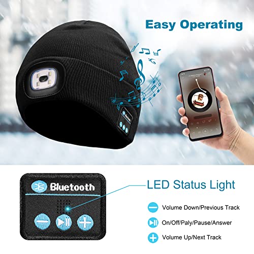 Ocatoma Bluetooth Beanie Hat with Light Headphone Unique Tech Gifts for Men Dad Him Teenage Women Christmas Stocking Stuffers Grey