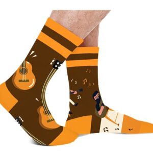 Funny Guitar Socks Men Teen Boys - Music Fun Novelty Crazy Funky Silly Crew Cool Socks 9-11 Musical Musician Guitar Teacher Valentines Day Gifts for Music Lovers Christmas Stocking Stuffers