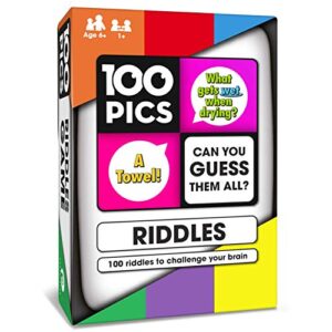 100 pics riddles travel game – guess 100 riddles | flash cards with slide reveal case | card game, gift, stocking stuffer | hours of fun for kids and adults | ages 5+