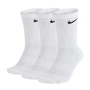 Nike Everyday Cushion Crew Training Socks, Unisex Socks with Sweat-Wicking Technology and Impact Cushioning (3 Pair), White/Black, Large