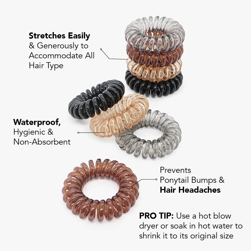 Kitsch Spiral Hair Ties for Women - Waterproof Teleties & Ponytail Holders for Teens | Stylish Phone Cord Hair Ties & Hair Coils for Girls | Coil Hair Ties for Thick Hair & Thin Hair, 8 Pcs (Brunette)