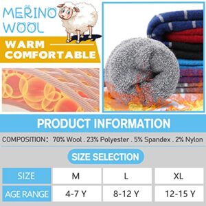 Anlisim Kids Merino Wool Ski Socks for Girls Boys Teen Thermal Winter Warm Thick Hiking Knee High Socks Stocking Stuffers for Skiing Snowboarding (Black / Grey / Blue B, 8-12 Y)