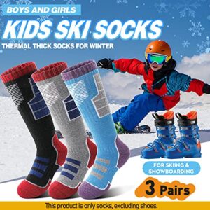 Anlisim Kids Merino Wool Ski Socks for Girls Boys Teen Thermal Winter Warm Thick Hiking Knee High Socks Stocking Stuffers for Skiing Snowboarding (Black / Grey / Blue B, 8-12 Y)