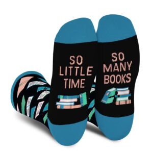 funny socks for men women teens boys – so little time so many book novelty fun crew socks-funky cotton crazy socks with sayings-valentines day funny gifts silly christmas stocking stuffers