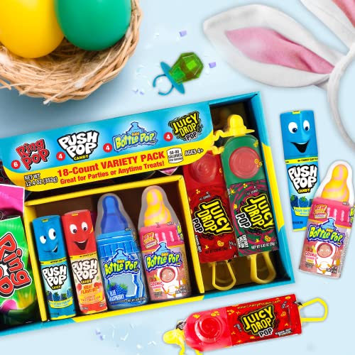 Bazooka Candy Brands Easter Candy Box - 18 Count Lollipops W/ Assorted Flavors From Ring Pop, Push Pop, Baby Bottle Pop & Juicy Drop - Easter Candy Gift Box for Easter Parties & Easter Egg Hunts