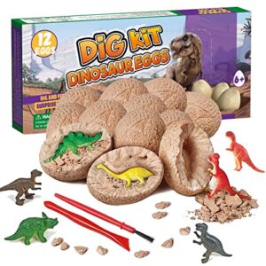 dino eggs dig kit, 12 pack dinosaur eggs excavation science experiments kits for kids 4-12, easter basket / stocking stuffers, toys for 3+ 4 5 6 7 8 9 10 year old boys girl