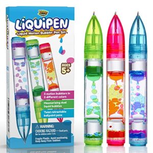 yoya toys liquipen – liquid motion bubbler pens sensory toy (3 pack) – writes like a regular pen – colorful liquid timer pens great for stress and anxiety relief – cool fidget toys for kids and adults