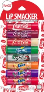 lip smacker coca-cola flavored lip balm, 8 count, flavors coke, cherry coke, vanilla coke, sprite, root beer, orange fanta, grape fanta, strawberry fanta