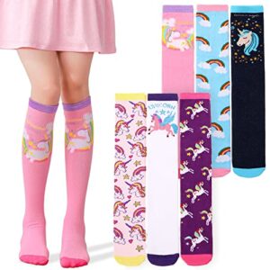 kids girls knee high socks unicorn gift long boot crazy silly fun animal socks tall funny colorful stocking stuffer child socks 6 pairs (animal rainbow unicorn)