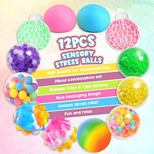 OleOletOy Sensory Stress Balls for Kids and Adults - 12 Pack Various Fidget Toys Filled with Water Beads - Sensory Toys Calming Tool for Autism, ADHD, and Anxiety Relief, Easter Basket Stuffers