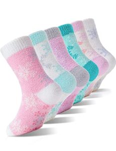 ebmore girls kids toddler fuzzy non slip grips slipper socks gift crew cabin cozy fluffy hospital cute warm winter socks for boys child christmas stocking stuffers 6 pairs（snowflake，8-12 y）