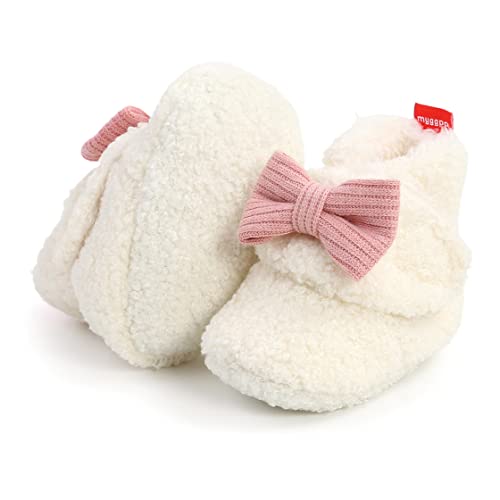 COSANKIM Baby Booties Newborn Boys Girls Fleece Boots Non Slip Grippers Stay On Slipper Socks Infant First Walker Winter Warm Crib Shoes(6-12 months infant, A-white)