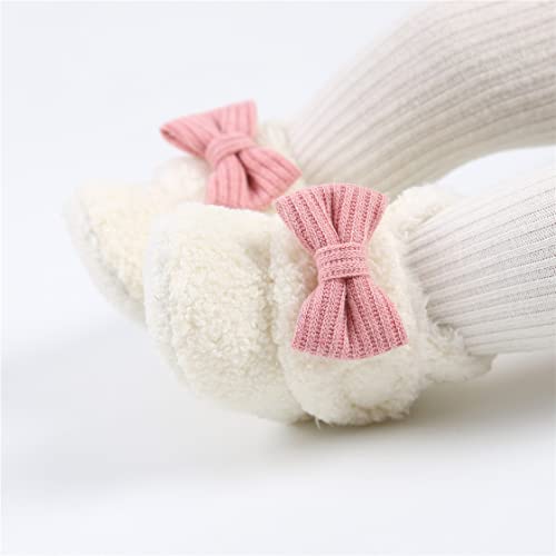 COSANKIM Baby Booties Newborn Boys Girls Fleece Boots Non Slip Grippers Stay On Slipper Socks Infant First Walker Winter Warm Crib Shoes(6-12 months infant, A-white)