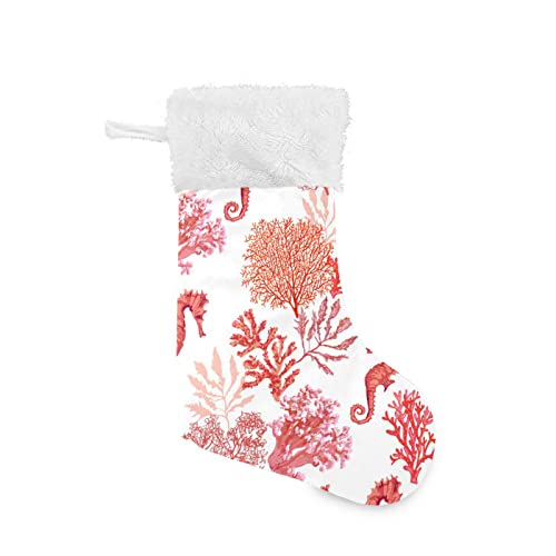 Kigai Christmas Stockings Coral Seahorse Large Candy Stockings Stuffers Kids Cute Xmas Sock Decorations 1PC for Home Holiday Party 12" x18"