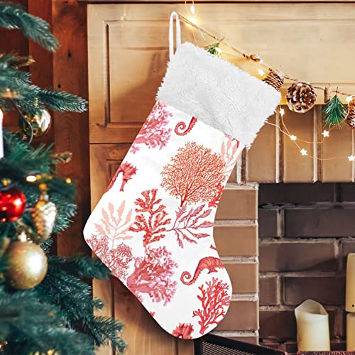 Kigai Christmas Stockings Coral Seahorse Large Candy Stockings Stuffers Kids Cute Xmas Sock Decorations 1PC for Home Holiday Party 12" x18"