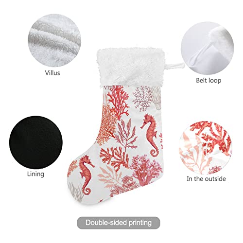 Kigai Christmas Stockings Coral Seahorse Large Candy Stockings Stuffers Kids Cute Xmas Sock Decorations 1PC for Home Holiday Party 12" x18"