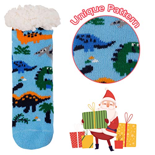 Winter Fuzzy Slipper Socks Kids Girls Boys Fluffy Sherpa Fleece Lined Holiday Christmas Cabin Thermal Warm Soft Cozy Toddler Gripper Non Skid Dinosaur, Stocking Stuffers for Children, Gift for Baby