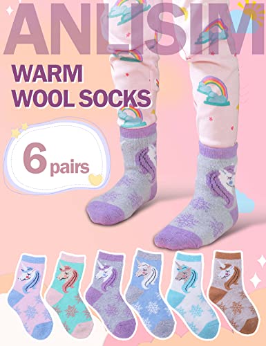 Anlisim Kids Wool Hiking Socks Toddlers Boys Girls Warm Winter Thermal Thick Heavy Crew Boot Cozy Child Gift Cabin Socks Stocking Stuffers 6 Pack(Unicorn C,8-12 Y)