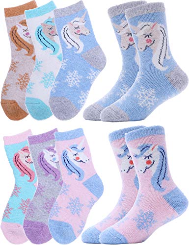 Anlisim Kids Wool Hiking Socks Toddlers Boys Girls Warm Winter Thermal Thick Heavy Crew Boot Cozy Child Gift Cabin Socks Stocking Stuffers 6 Pack(Unicorn C,8-12 Y)