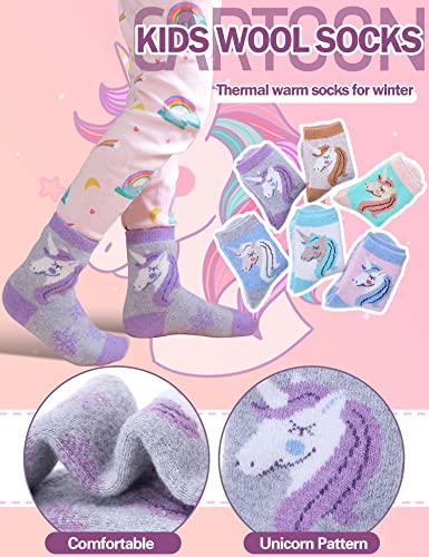 Anlisim Kids Wool Hiking Socks Toddlers Boys Girls Warm Winter Thermal Thick Heavy Crew Boot Cozy Child Gift Cabin Socks Stocking Stuffers 6 Pack(Unicorn C,8-12 Y)