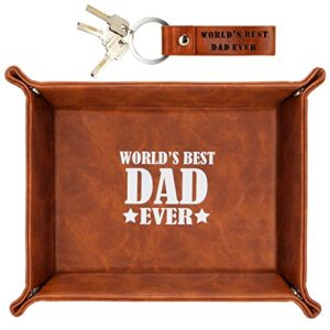gifts for dad, world’s best dad ever leather valet tray, birthday gifts for dad stepdad men, christmas stocking stuffers for dad from kids daughter son, nightstand organizer for dad presents, brown