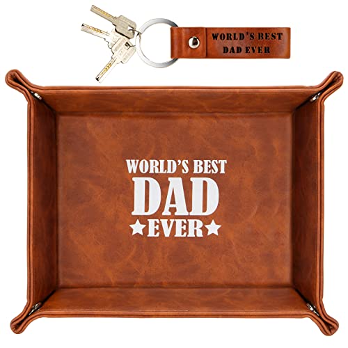 Gifts for Dad, World's Best Dad Ever Leather Valet Tray, Birthday Gifts for Dad Stepdad Men, Christmas Stocking Stuffers for Dad from Kids Daughter Son, Nightstand Organizer for Dad Presents, Brown