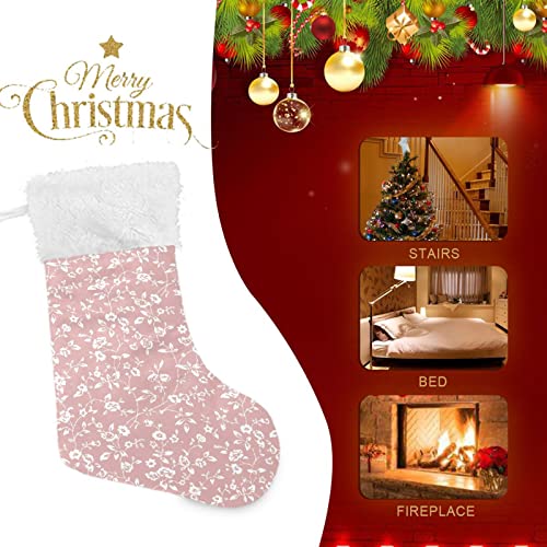 Kigai Christmas Stockings Wild Roses Pink Large Candy Stockings Stuffers Kids Cute Xmas Sock Decorations 1PC for Home Holiday Party 12" x18"