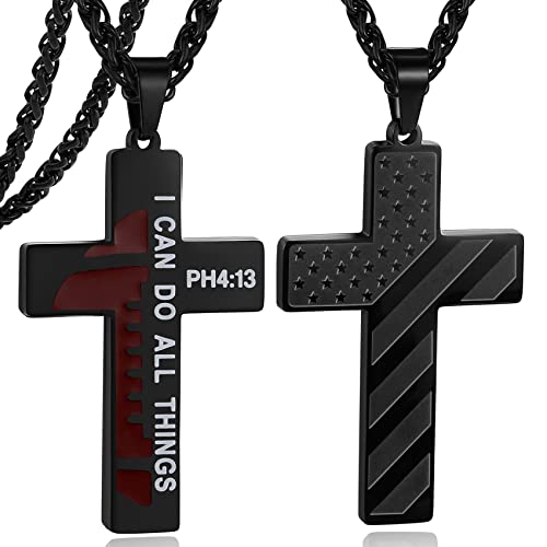 Cross Necklace for Boys Men Graduation Gifts Him Teenage Boys Football Pendant Chain American Flag Christian Baptism Jewelry Year Old Birthday Confirmation Christmas Stocking Stuffers Valentines Black