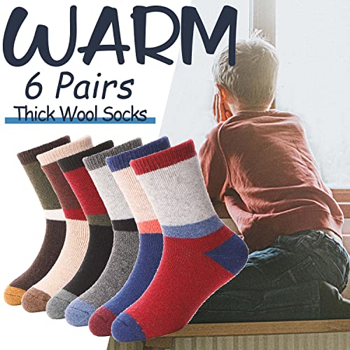 EBMORE Kids Wool Socks for Toddlers Boys Girls Warm Winter Thick Hiking Thermal Heavy Cozy Crew Boot Socks Gift Stocking Stuffer 6 Pairs (Color Block,4-7 Y)