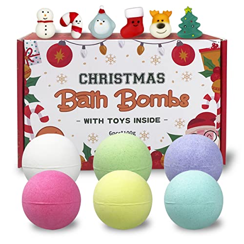 QINGQIU 6 Pack Christmas Bubble Bath Bombs with Christmas Squishy Toys Inside for Kids Girls Boys Women Christmas Stocking Stuffers Gifts