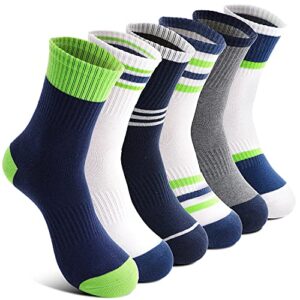 Welwoos Kids Boys Socks Athletic Sport Crew Cotton Breathable Soft Gift Socks 6 Pairs Stocking Stuffers (Splice/Green/White,9-15Y)