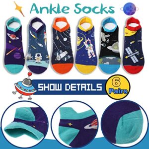 Welwoos Kids Boys Ankle Socks No Show Low Cut Funny Cute Cartoon Novelty Cotton Socks 6 Pairs Gifts Stocking Stuffers for Boys Kids(Space,,9-14 Y)