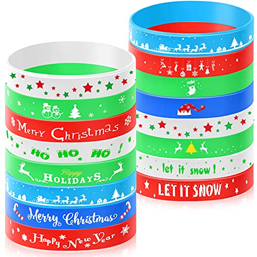 48 Pieces Christmas Wristband Silicone Bracelets, Xmas Rubber Band Wristbands Accessories Gift for Kids Adults Stocking Stuffers, Holiday Decoration Wrist Band Party Supplies Favors