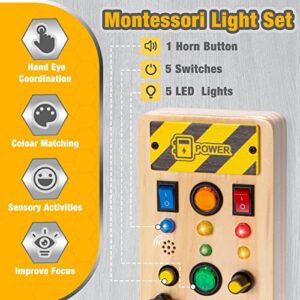 Pussan Busy Board, Montessori Toy for 3 Year Old Boy Birthday Gift, Sensory LED Lights and Tools Toy Montessori Busy Board Games, Toddlers Toys Gifts for 3+ Year Old Boys and Girls